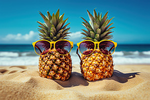 Ripe pineapples with sunglasses on beach sand, a Food & Drink Photo by AlyaAnd