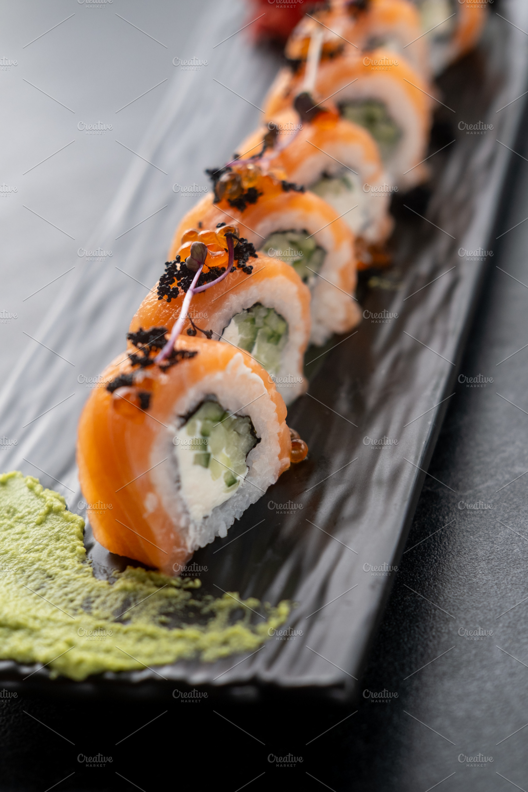 Fish menu japanese food sushi roll served sauce, a Food & Drink Photo by Photo Drive Studio