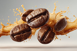 Coffee beans splashing in brown liqu, a Photo by Pixeness Studio