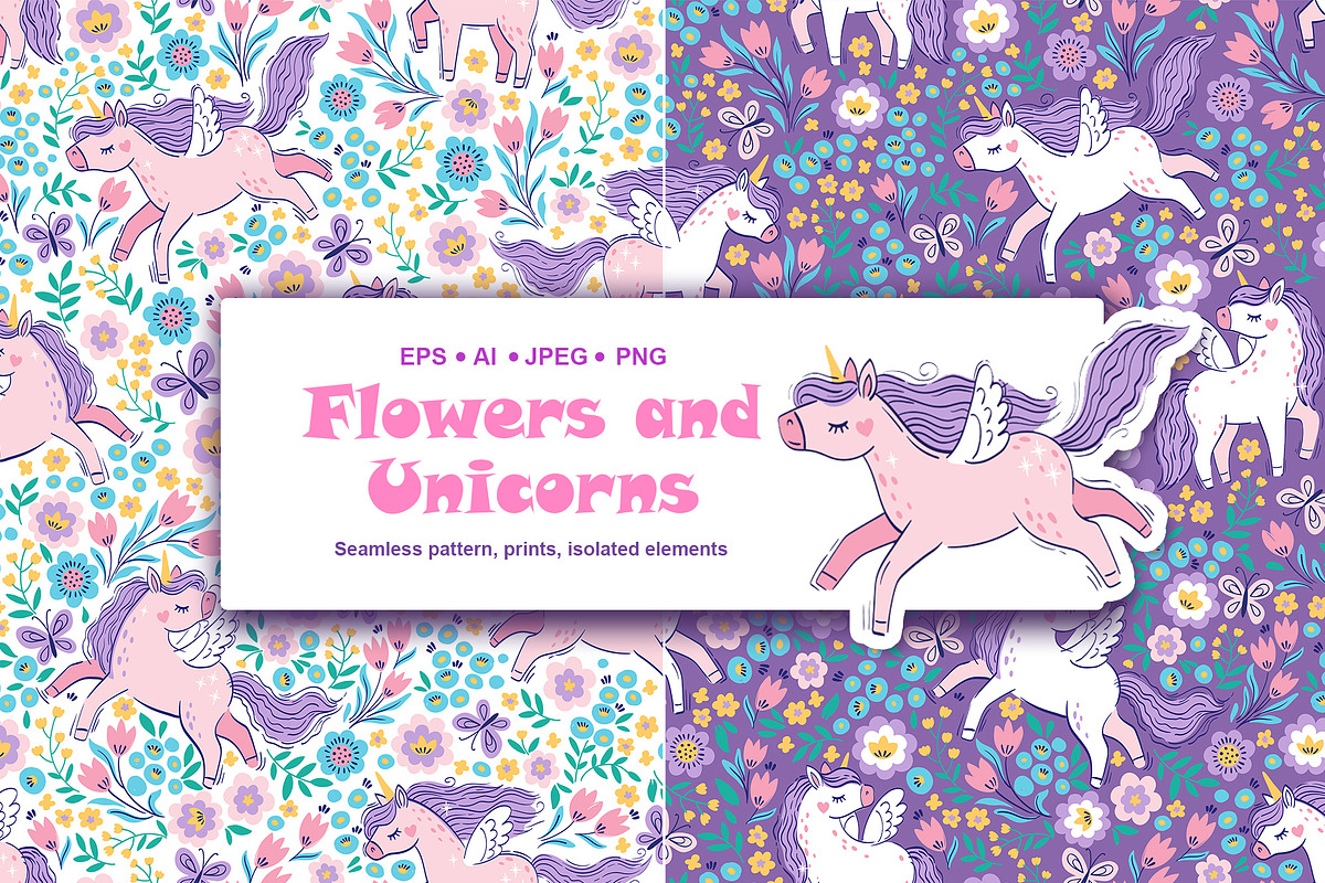 Flowers and Unicorns Patterns, a Pattern Graphic by Nataliia Toporovska (Photo 1 of 12)