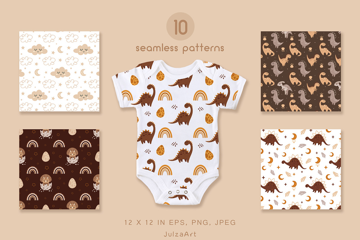 Boho dinosaur clipart & patterns, an Animal Illustration by JulzaArt (Photo 8 of 9)