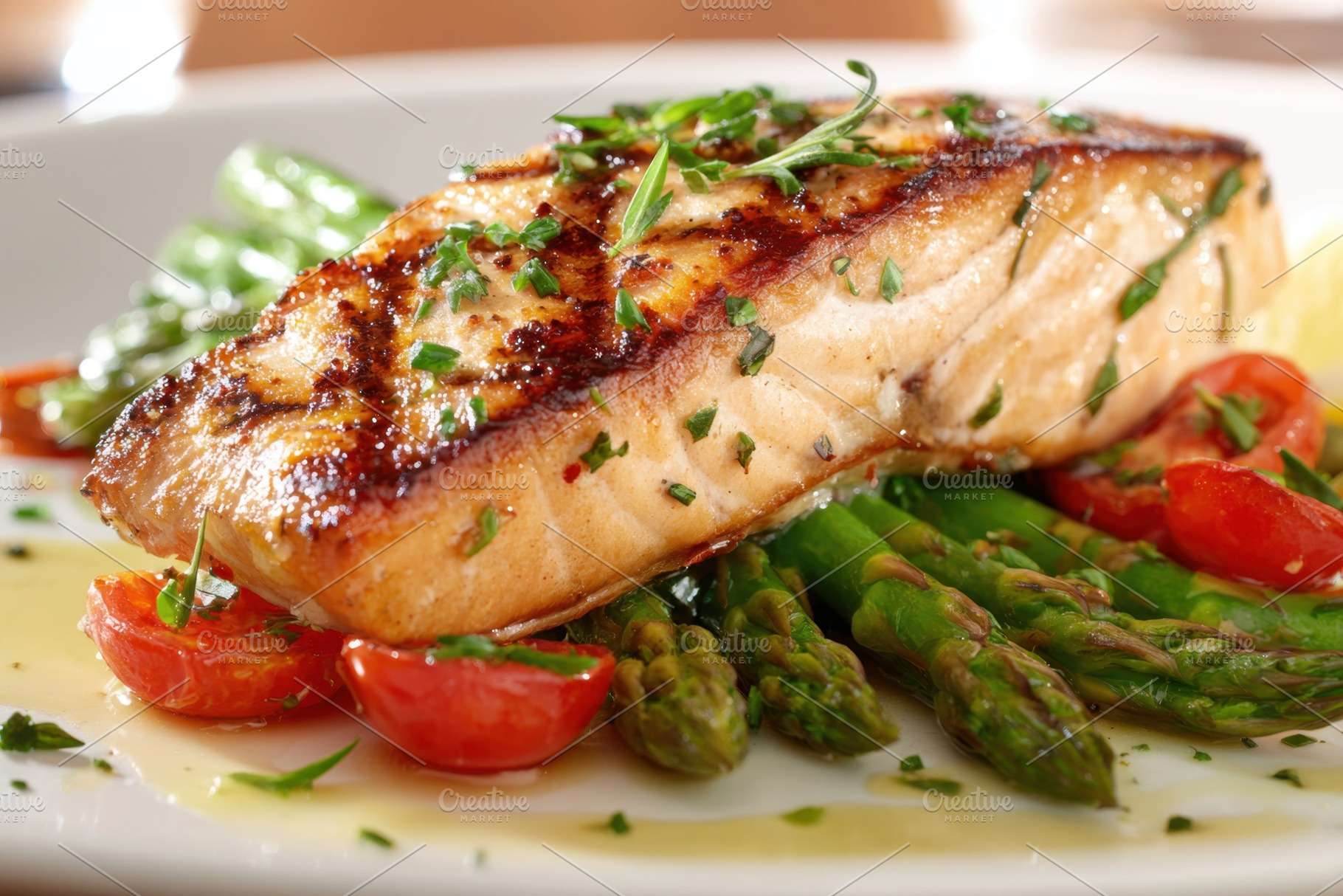 Grilled salmon with asparagus and cherry tomatoes, a Food & Drink Photo by AlyaAnd