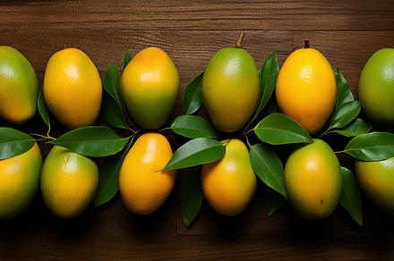 Row of ripe and unripe mangoes with green leaves on a wooden surface background, a Photo by Textures & Backgrounds