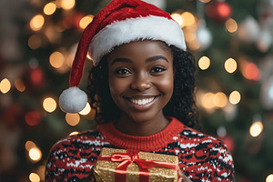 Cute young american woman in christmas sweater and santa hat holding in hands g, a Holiday Photo by AlyaAnd