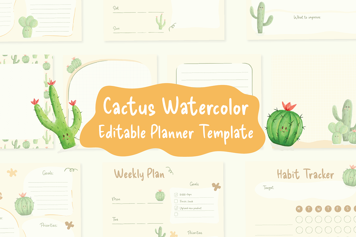 Cactus Watercolor - Editable Planner, a Decorative Illustration by An Design (Photo 1 of 5)