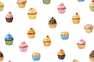 Seamless pattern, watercolor cupcakes creating a seamless patter, a Pattern Graphic by Studio ANNA
