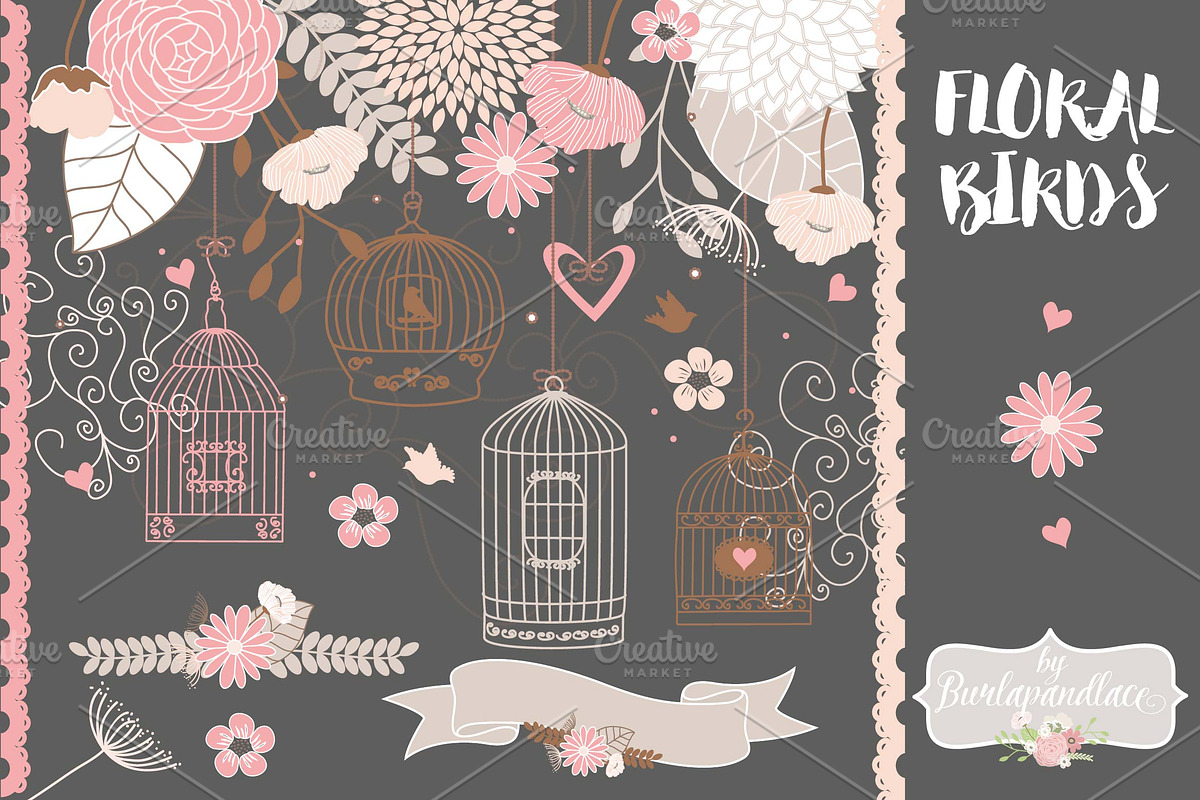 Vector floral bird cage, an Illustration by burlapandlace