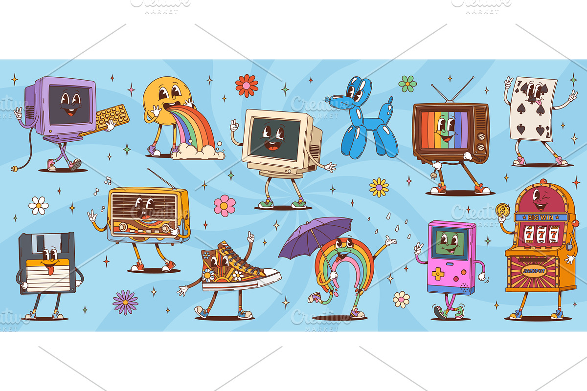 Cartoon retro groovy characters, an Object Illustration by Buch&Bee