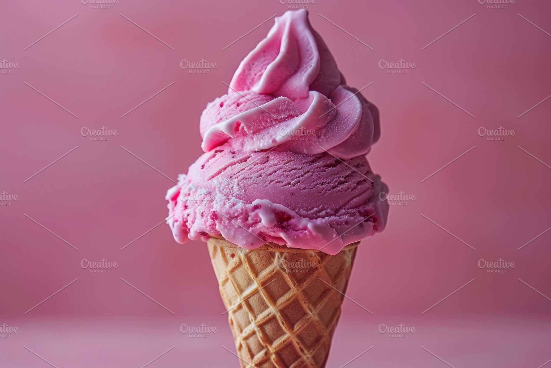 Pink ice cream cone dessert with waffle cone and creamy swirl on, a Food & Drink Photo by José Manuel Gelpi
