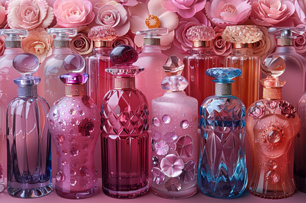 Elegant collection of colorful perfume bottles with floral background, a Photo by AS photostudio