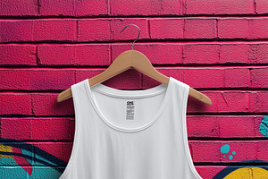 A plain white tank top mockup hanging on a wooden hanger against a vibrant, col