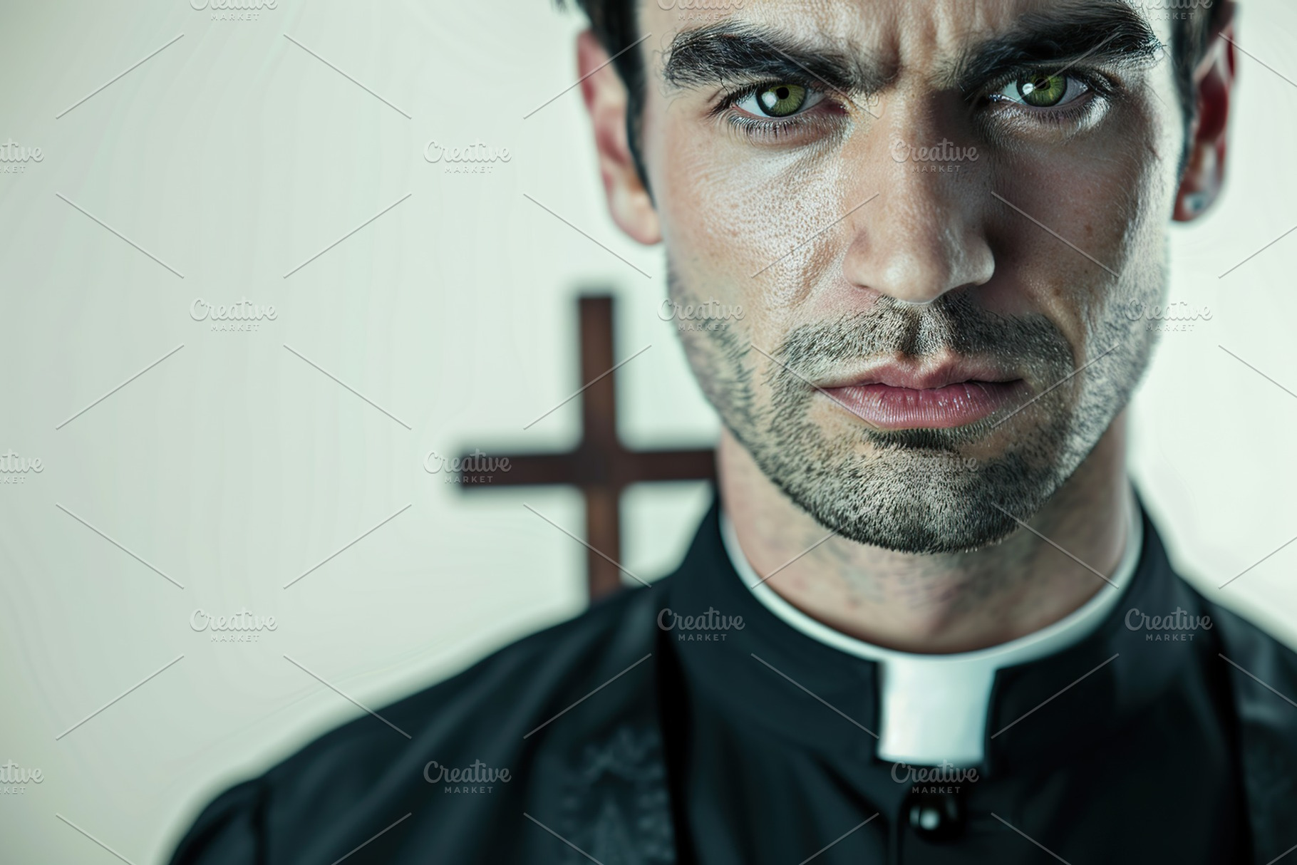 Young priest on grey background, a Photo by AlyaAnd