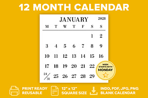 2028 Large Number MON-SUN Calendar