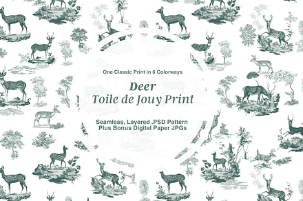 Deer Toile de Jouy Pattern, a Background Graphic by Hughes Studio