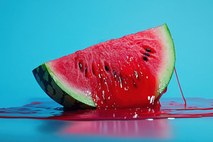 Juicy watermelon slice drips, a Photo by Beautiful things