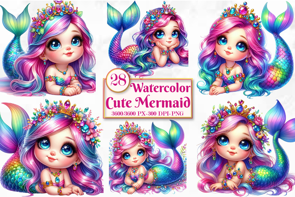 Watercolor Cute Mermaid Clipart, a Seasonal Illustration by Craft Nest (Photo 1 of 5)