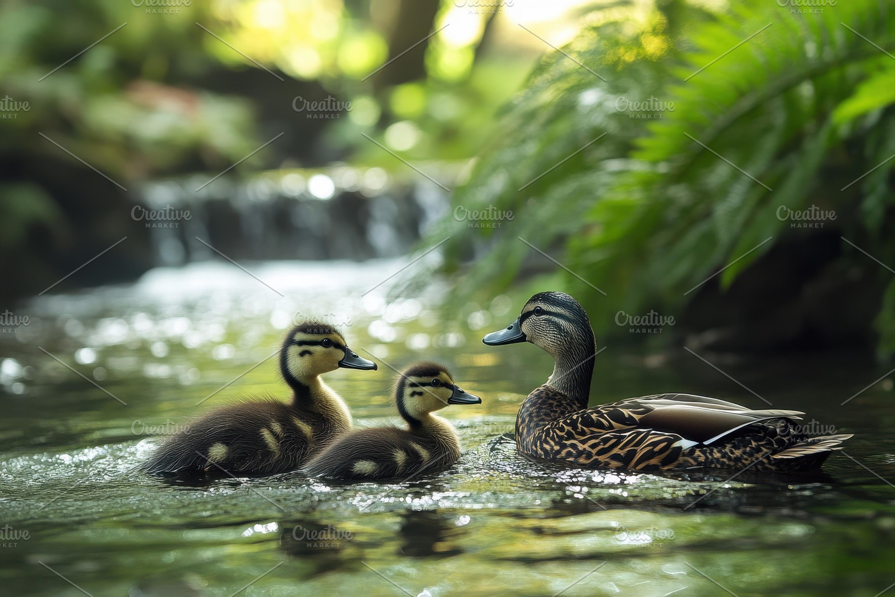 Duck and ducklings swim in a serene, a Photo by Tanuart