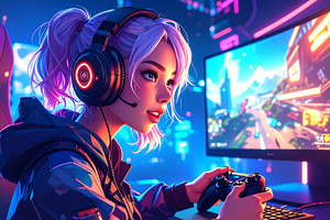 Gamer intensely focused on a video game, gripping a controller w, an Illustration by DanFLCreativo