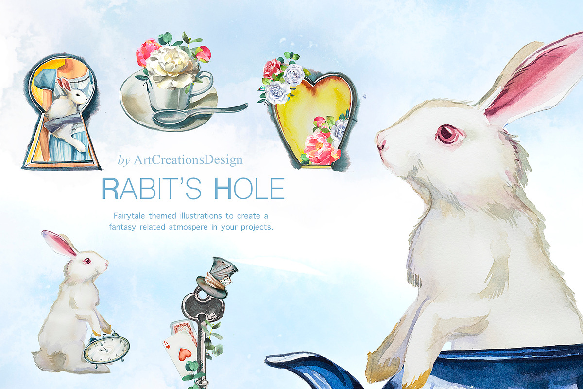 Watercolor Rabit's Hole Clipart Set, a Person Illustration by ArtCreationsDesign (Photo 3 of 14)