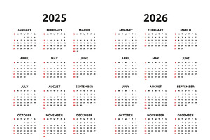 Calendar 2025, 2026 And 2032