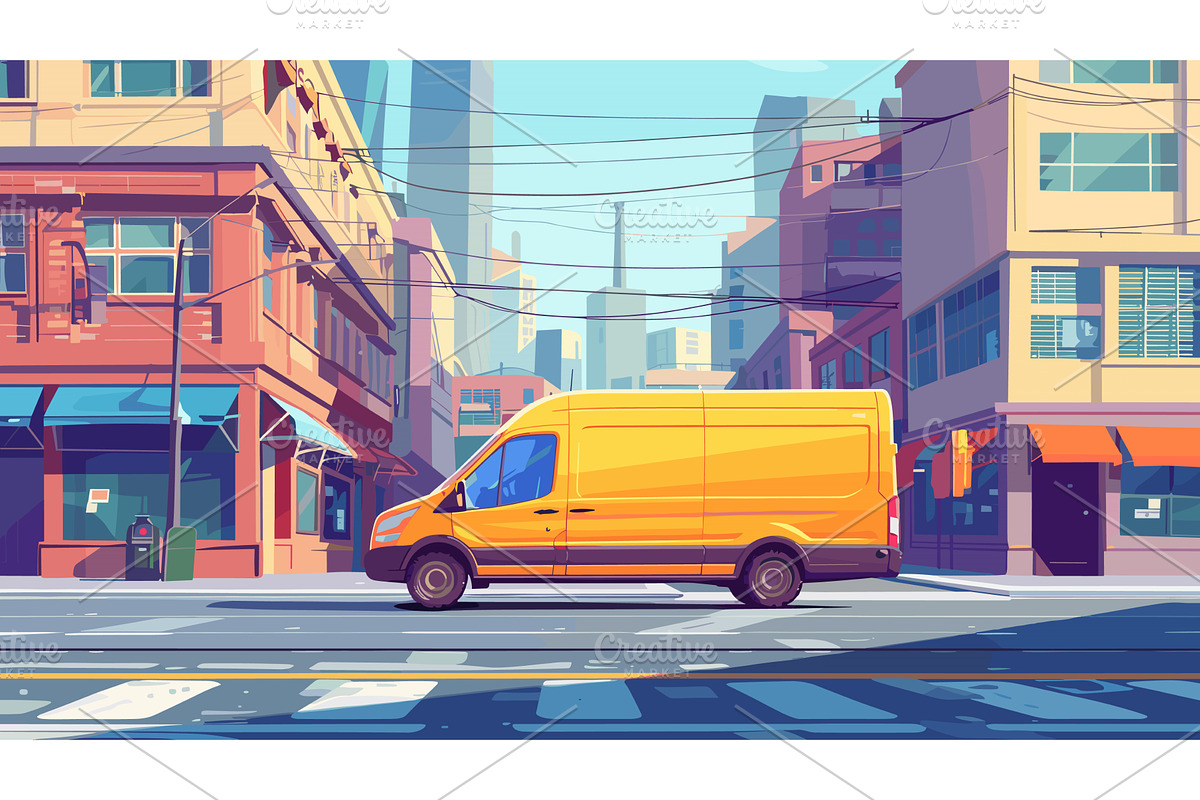 Yellow Delivery Minivan in Busy Area, a Transportation Illustration by LadadikArt