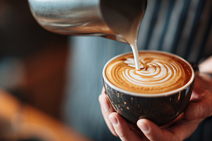 Barista skillfully pours milk into, a Food & Drink Photo by MistyDay