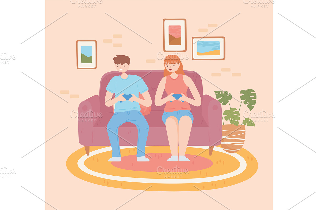 gamers on sofa, a Person Illustration by studiogstock