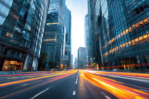 Modern city street with glass build, a Photo by Pavel_design