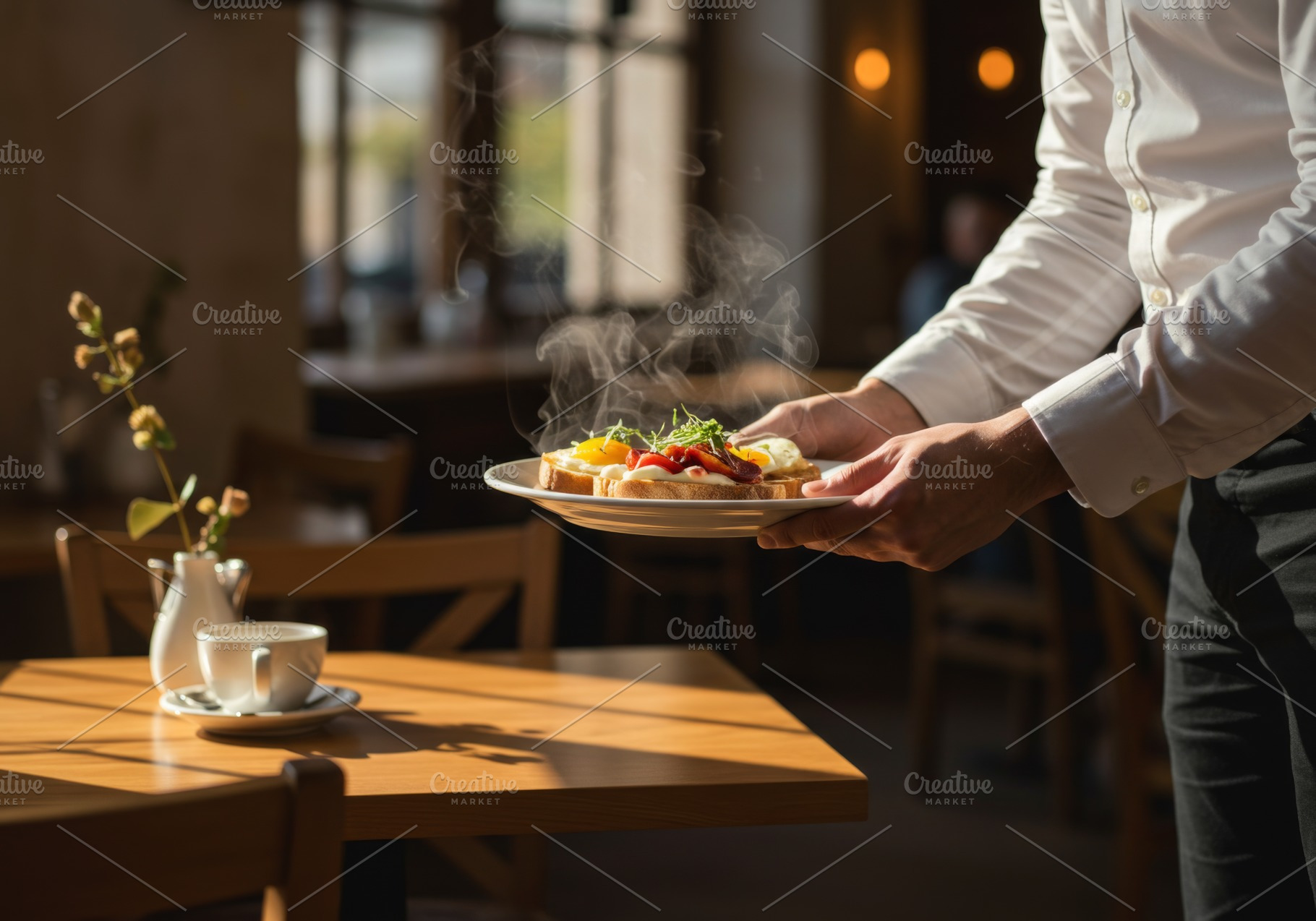 Waiter serving a steaming breakfast, a Food & Drink Photo by professorinc
