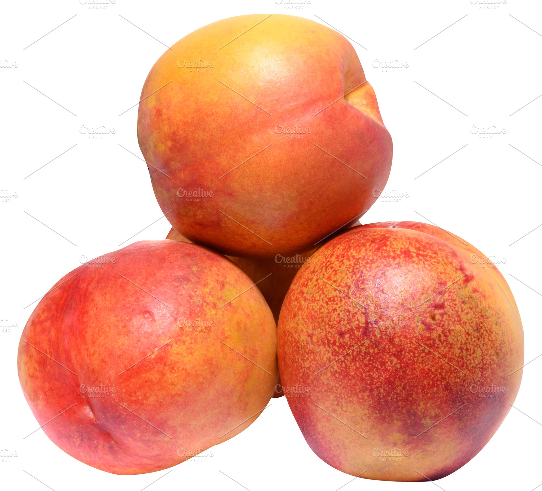 Pile of ripe peaches with smooth skin on isolated background, a Food & Drink Photo by ndanko
