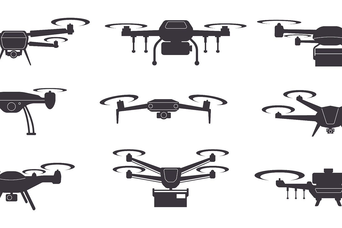 Drone icons. Black silhouettes, a Transportation Illustration by YummyBuum (Photo 2 of 3)