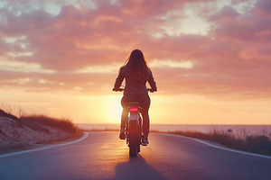 Woman rides electric bike along scenic coastal road at sunset, a Sports & Recreation Photo by AlyaAnd