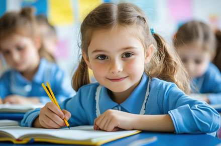 Elementary students in blue uniforms, a Photo by Pavel_design
