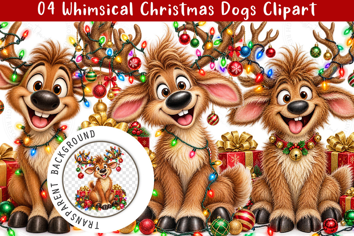Whimsical Christmas Dogs Clipart, a Work Illustration by SinaCreation (Photo 1 of 6)