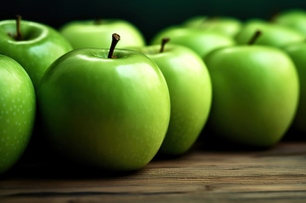 Fresh green apples on brown wooden background, a Food & Drink Photo by AlyaAnd
