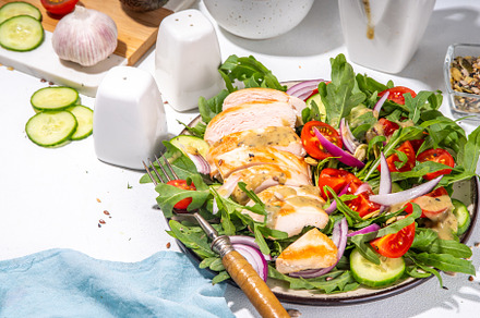 Grilled chicken breast fillet with vegetable salad, a Food & Drink Photo by Rimma
