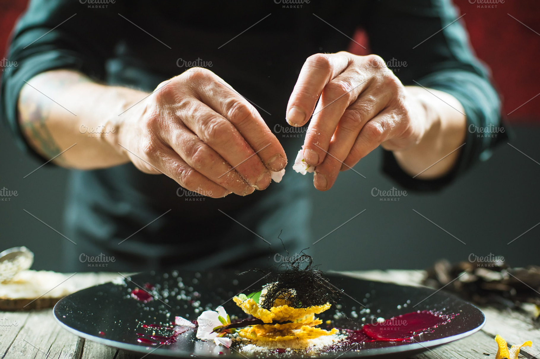 Closeup of male hands preparing molecular dish stock photo containing food, a Food & Drink Photo by BodiaPhoto
