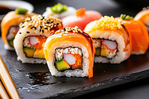 Sushi rolls topped with fresh fish, a Photo by Pavel_design