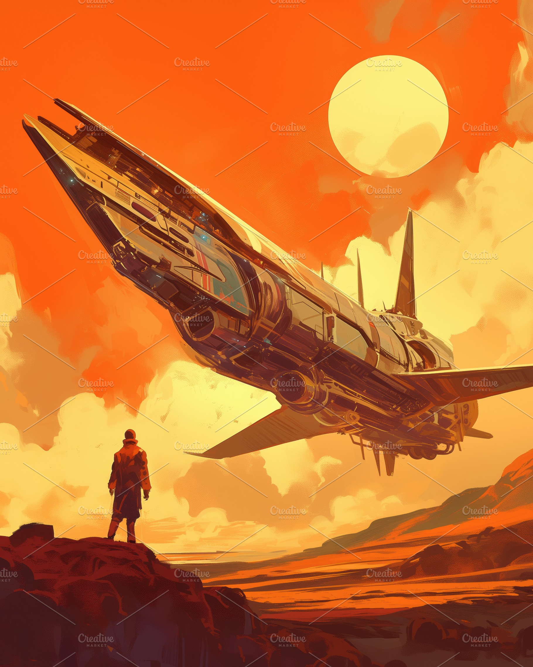 A futuristic spaceship hovers above a rocky landscape under a vibrant orange sk, an Arts & Entertainment Photo by Textures & Backgrounds
