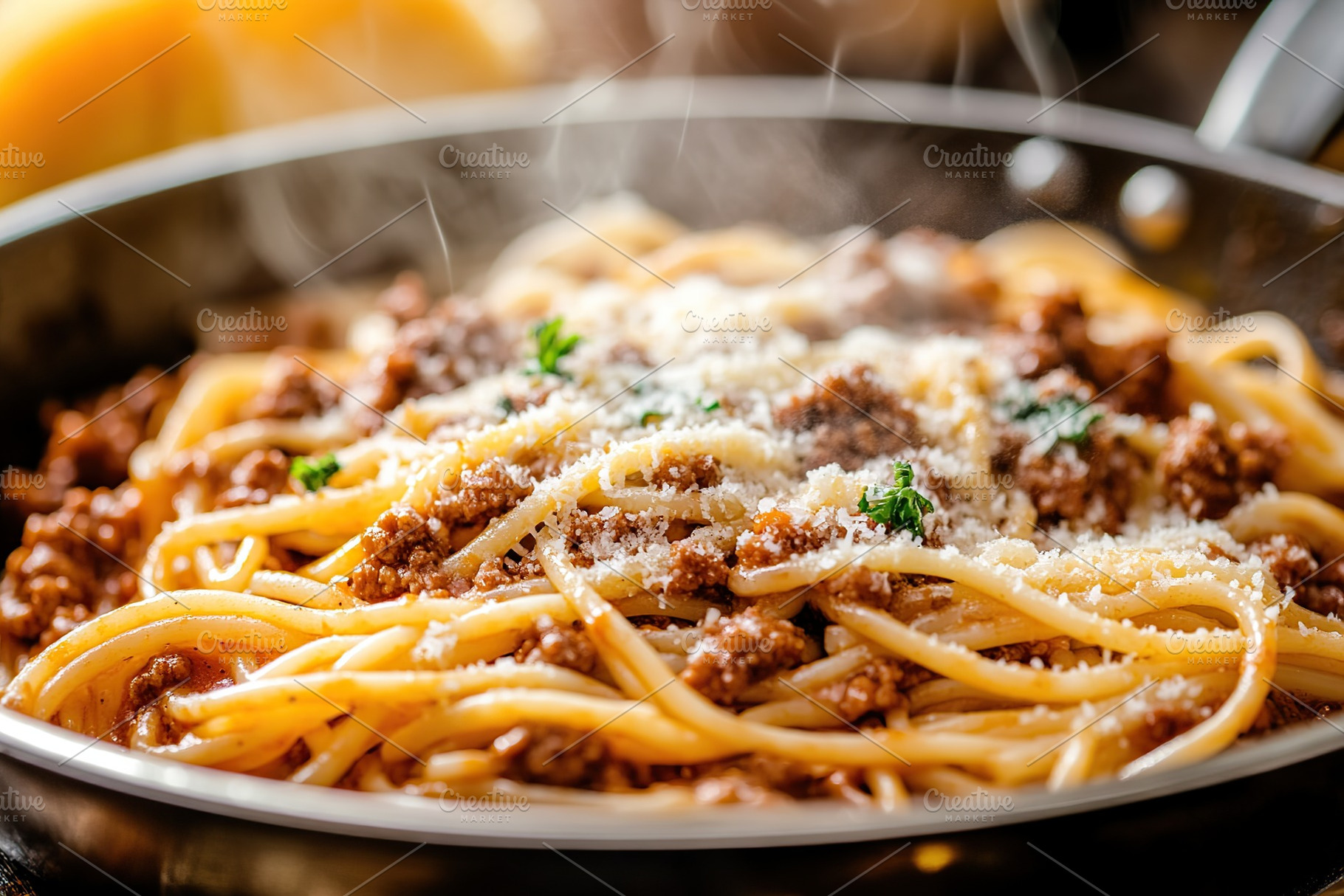Spaghetti bolognese with ground beef on a frying pan, a Food & Drink Photo by AlyaAnd