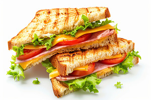 Toast sandwich with cheese, turkey ham, tomato and fresh lettuce on white backg, a Food & Drink Photo by AlyaAnd