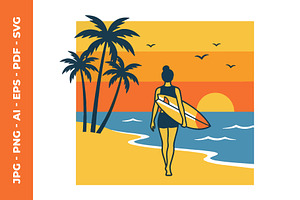 A Woman with Surfboard at Summer, an Object Illustration by nandinigraphics
