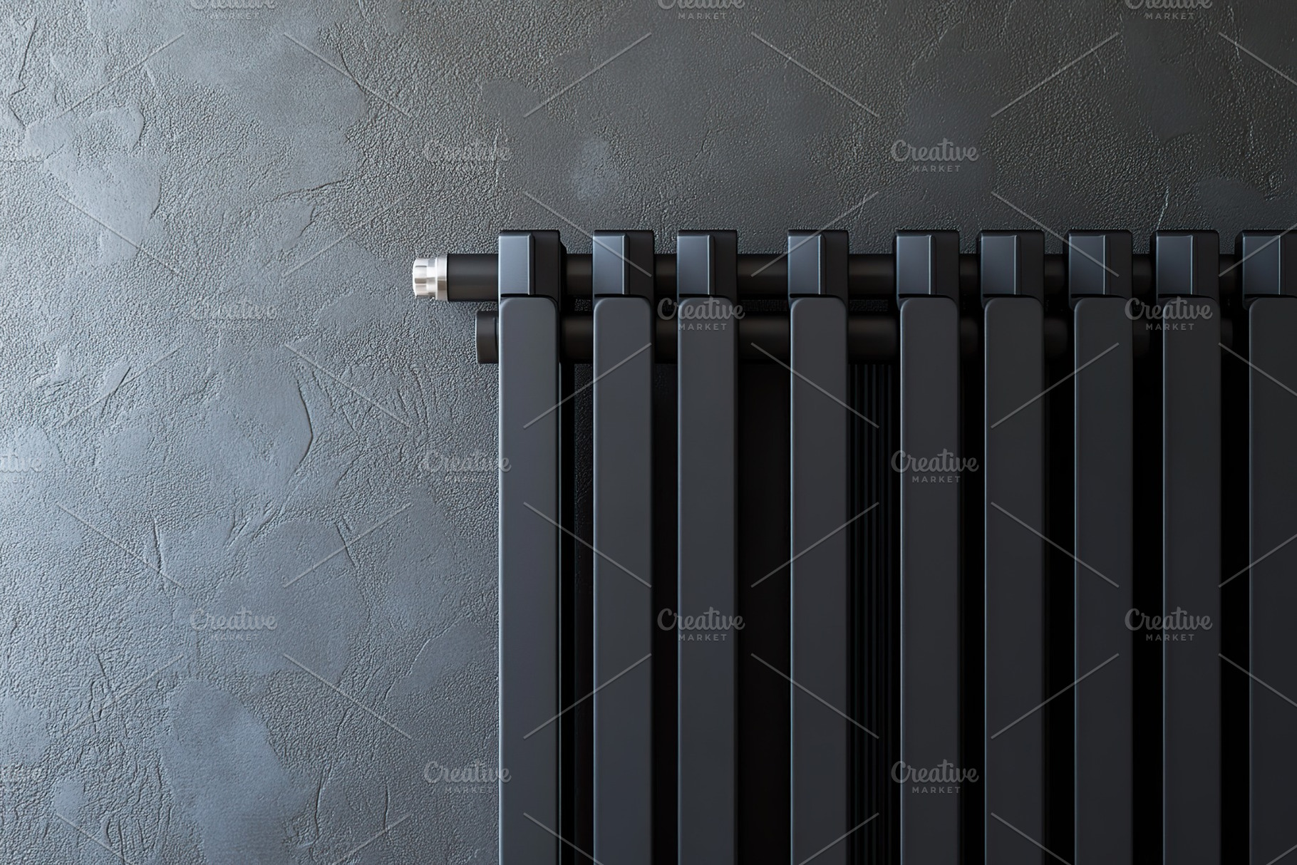 Black vertical heater radiator on grey wall background, an Abstract ...