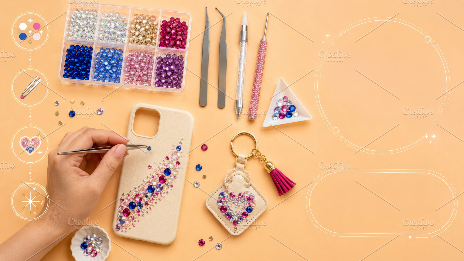 Hands decorating rhinestone phone ca, a Photo by Dvoevnore photos
