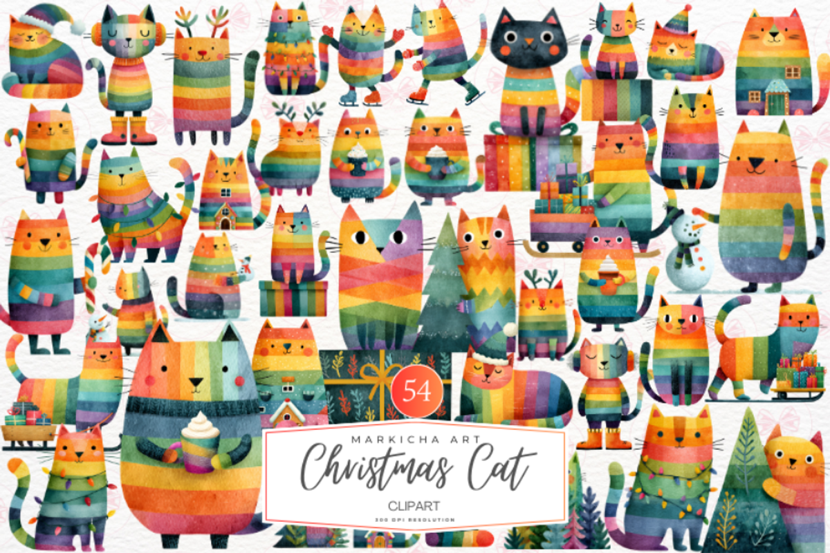 Rainbow Christmas Cat Clipart, an Illustration by Markicha Art (Photo 1 of 6)