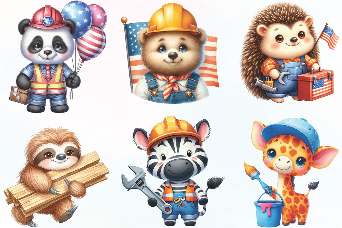 Watercolor Labor Day Animals Clipart, an Illustration by CraftArtStudio (Photo 2 of 6)