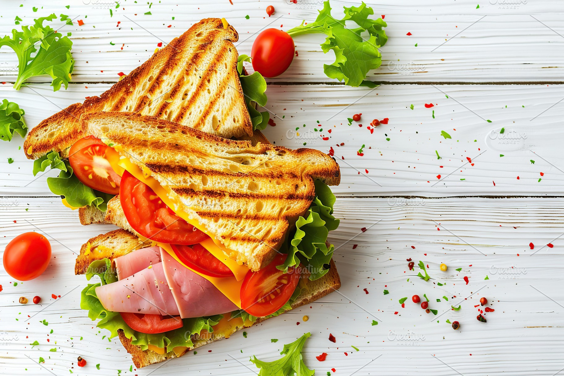 Toast sandwich with cheese, turkey ham, tomato and fresh lettuce on wooden tabl, a Food & Drink Photo by AlyaAnd