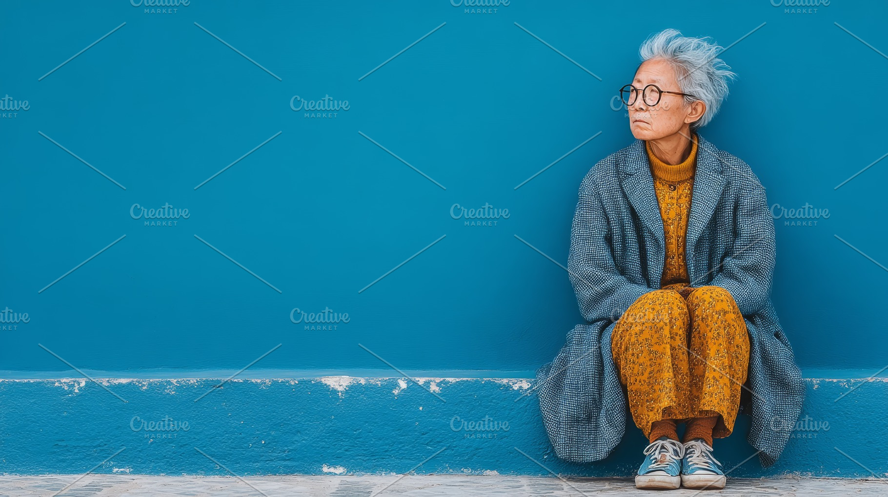 Contemplative senior woman sitting by a blue wall in a mustard yellow outfit an, a Photo by AS photostudio