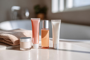 Skincare Products on Bathroom Counter, a Health & Medical Photo by AlyaAnd