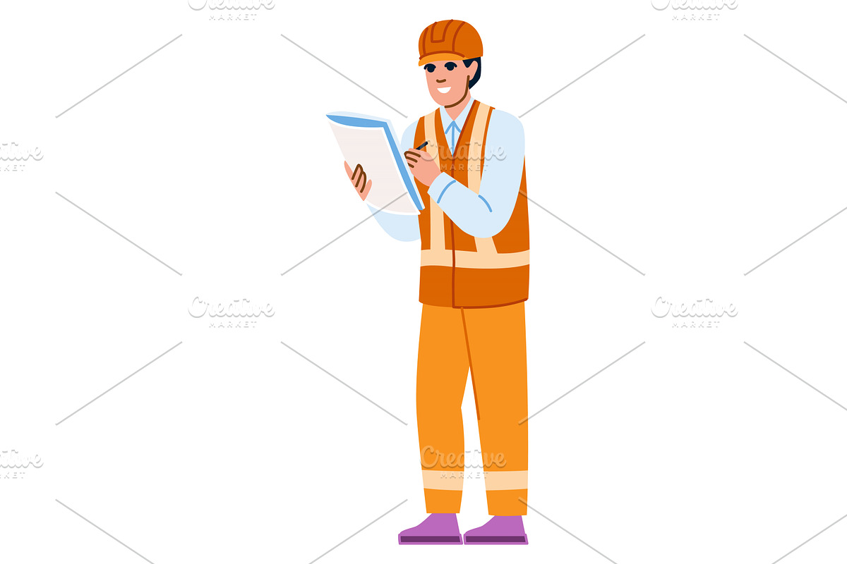 Smiling engineer writing notes on, an Illustration by pikepicture